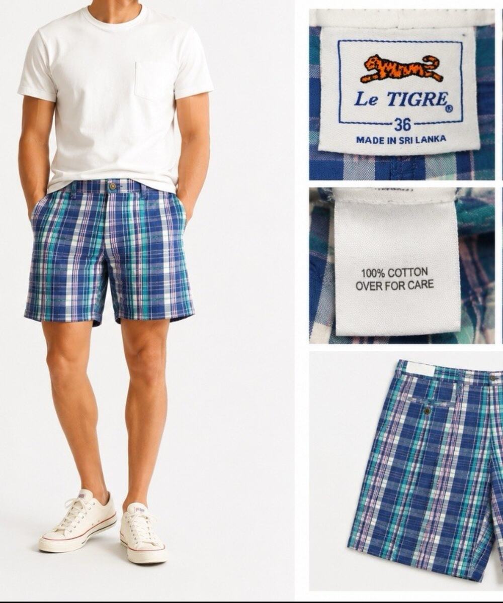 Golf Le Tigre Men's Flat Front Madras Plaid Shorts Size 36 Blue Teal Pink Preppy